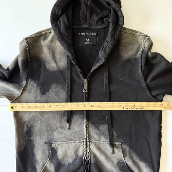 True Religion Black Bleach Dye Hoodie Frayed Details Front Pockets Mens Medium - Picture 10 of 16
